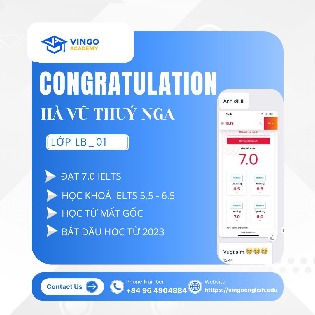 ? CHÚC MỪNG HỌC VIÊN HÀ VŨ THUỲ NGA - LỚP LB_01 ĐẠT IELTS 7.0 ?